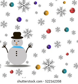 Snowflakes and snow men for your design. Seamless winter background with snowman, snowflakes and balls on white.