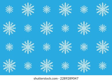 Snowflakes snow minimal vector pattern on light blue background. For christmas celebration, interior, gift wrap, walls, packaging.