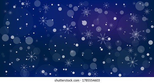 Snowflakes. Snow, snowfall. Falling scattered white snowflakes on a gradient background. Vector	