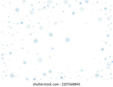 Schneeflocken. Schnee, Schneefall. Fallend verstreute blaue Schneeflocken auf weißem Hintergrund. Vektorgrafik