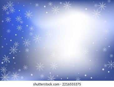 Copos de nieve. Nieve, nevada. Caer copos de nieve blancos dispersos sobre un fondo degradado de color blanco-azul. Vector