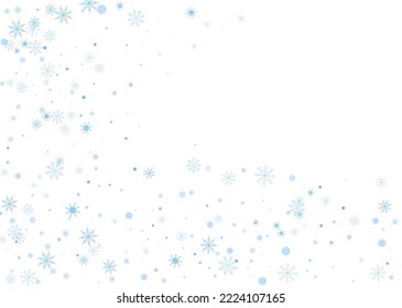 Schneeflocken. Schnee, Schneefall. Fallend verstreute blaue Schneeflocken auf weißem Hintergrund. Vektorgrafik