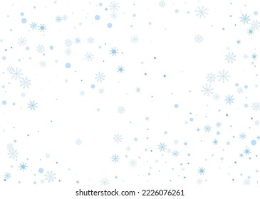 Snowflakes. Snow, snowfall. Falling scattered blue snowflakes on a white background. Vector