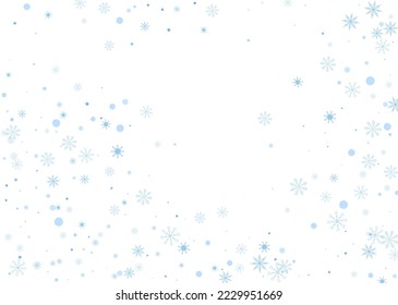Snowflakes. Snow, snowfall. Falling scattered blue snowflakes on a white background. Vector