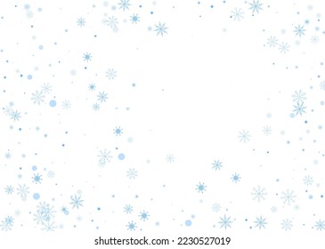 Snowflakes. Snow, snowfall. Falling scattered blue snowflakes on a white background. Vector