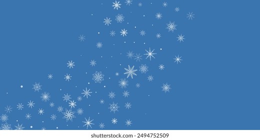 Copos de nieve. Nieve, nevada. Caída de copos de nieve blancos dispersos sobre un fondo azul.