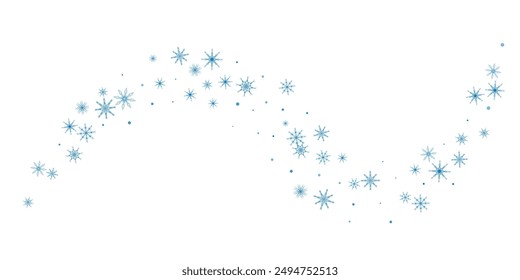 Schneeflocken. Schnee, Schneefall. Fallende verstreute blaue Schneeflocken auf weißem Hintergrund.