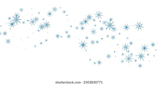 Schneeflocken. Schnee, Schneefall. Verstreute blaue Schneeflocken auf weißem Hintergrund.