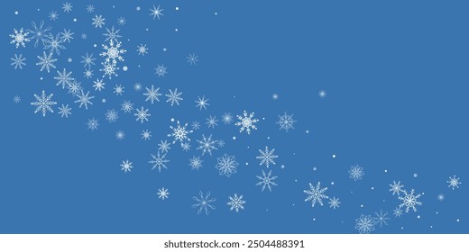 Schneeflocken. Schnee, Schneefall. Verstreute weiße Schneeflocken auf blauem Hintergrund.