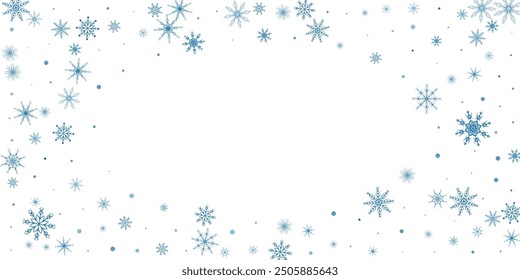 Snowflakes. Snow, snowfall. Falling scattered blue snowflakes on a white background.