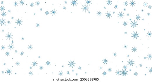 Snowflakes. Snow, snowfall. Falling scattered blue snowflakes on a white background.