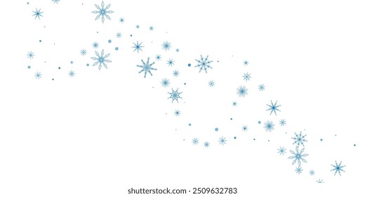 Schneeflocken. Schnee, Schneefall. Verstreute blaue Schneeflocken auf weißem Hintergrund.