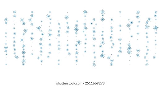 Schneeflocken. Schnee, Schneefall. Verstreute blaue Schneeflocken auf weißem Hintergrund.