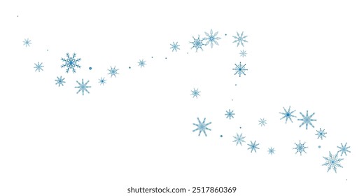 Copos de nieve. Nieve, nevada. Caída de copos de nieve azules dispersos sobre un fondo blanco.