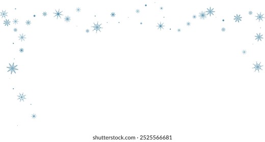 Schneeflocken. Schnee, Schneefall. Verstreute blaue Schneeflocken auf weißem Hintergrund.