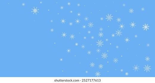 Schneeflocken. Schnee, Schneefall. Verstreute weiße Schneeflocken auf blauem Hintergrund.
