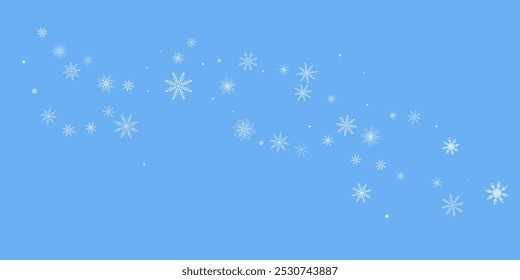 Copos de nieve. Nieve, nevada. Caída de copos de nieve blancos dispersos sobre un fondo azul.