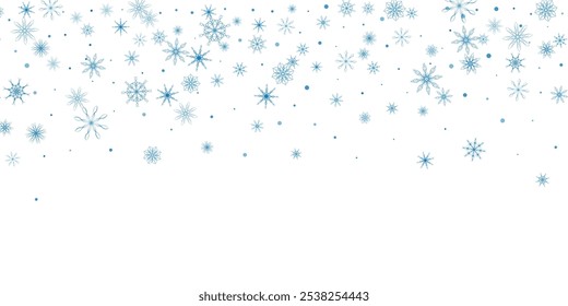 Snowflakes. Snow, snowfall. Falling scattered blue snowflakes on a white background.