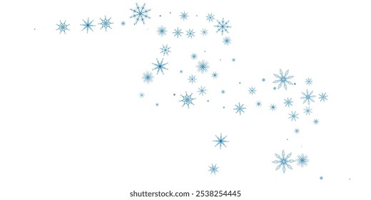 Snowflakes. Snow, snowfall. Falling scattered blue snowflakes on a white background.
