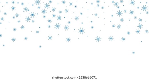 Flocos de neve. Neve, neve. Flocos de neve azuis espalhados em um fundo branco.