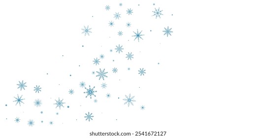 Snowflakes. Snow, snowfall. Falling scattered blue snowflakes on a white background.