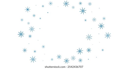 Schneeflocken. Schnee, Schneefall. Verstreute blaue Schneeflocken auf weißem Hintergrund.