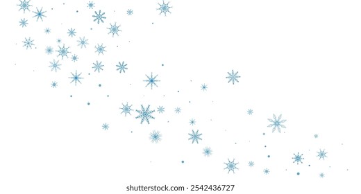 Snowflakes. Snow, snowfall. Falling scattered blue snowflakes on a white background.