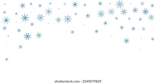 Schneeflocken. Schnee, Schneefall. Verstreute blaue Schneeflocken auf weißem Hintergrund.