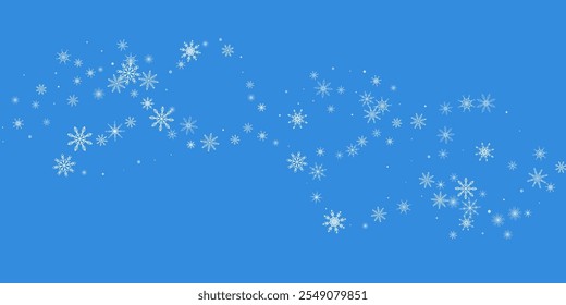 Copos de nieve. Nieve, nevada. Caída de copos de nieve blancos dispersos sobre un fondo azul.