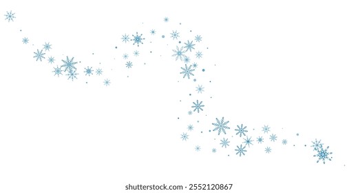 Schneeflocken. Schnee, Schneefall. Verstreute blaue Schneeflocken auf weißem Hintergrund.