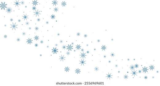 Snowflakes. Snow, snowfall. Falling scattered blue snowflakes on a white background.