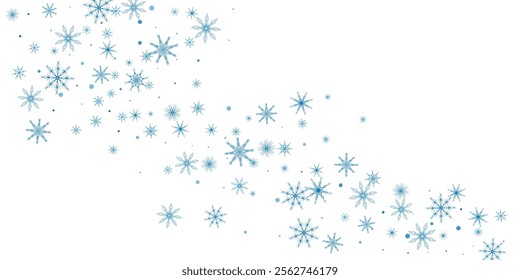 Snowflakes. Snow, snowfall. Falling scattered blue snowflakes on a white background.