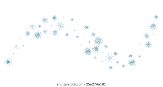 Snowflakes. Snow, snowfall. Falling scattered blue snowflakes on a white background.