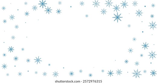 Snowflakes. Snow, snowfall. Falling scattered blue snowflakes on a white background.