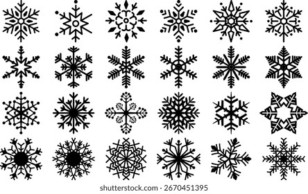 25 Diseños de copo de nieve negros únicos en formato de cuadrícula: iconos de invierno simétricos para uso estacional y decorativo