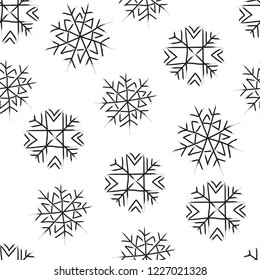 Snowflakes. Snow winter. Seamless vector pattern. Hand linear cartoon drawing on white background.