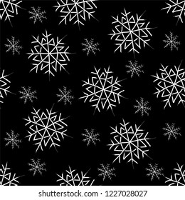 Snowflakes. Snow winter. Seamless vector pattern. Hand linear cartoon drawing on white background.