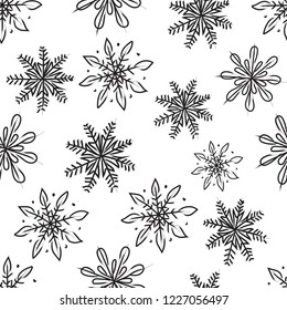 Snowflakes. Snow winter. Seamless vector pattern. Hand linear cartoon drawing on white background.