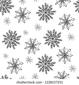 Snowflakes. Snow winter. Seamless vector pattern. Hand linear cartoon drawing on white background.