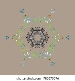 Snowflakes, snowfall. Beautiful vector beige, gray and green snowflakes isolated on a colorful background. Illustration. Falling Christmas stylized snowflakes.