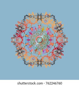 Snowflakes, snowfall. Beautiful vector blue, orange and gray snowflakes isolated on a colorful background. Illustration. Falling Christmas stylized snowflakes.