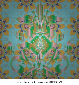 Snowflakes, snowfall. Beautiful vector blue, yellow and neutral snowflakes isolated on a colorful background. Illustration. Falling Christmas stylized snowflakes.