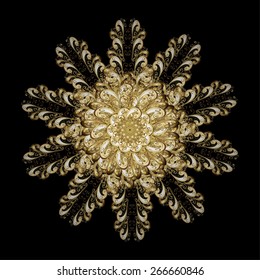 Snowflakes, snowfall. Beautiful vector golden snowflakes isolated on a colorful background. Illustration. Falling Christmas stylized snowflakes.