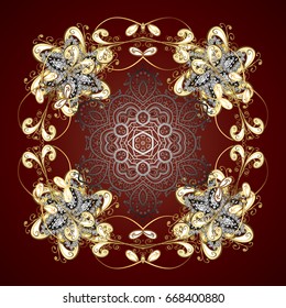 Snowflakes, snowfall. Beautiful vector golden snowflakes isolated on brown background. Falling Christmas stylized gold snowflakes. Illustration.