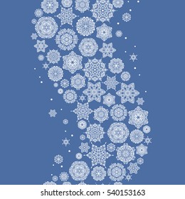Snowflakes, snowfall. Beautiful vector snowflakes isolated on blue background. Illustration. Falling Christmas stylized snowflakes.