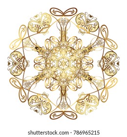 Snowflakes, snowfall. Beautiful vector white and yellow snowflakes isolated on a colorful background. Illustration. Falling Christmas stylized snowflakes.