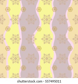Snowflakes, snowfall in beige and yellow colors on a wave background. Design. Stock vector illustration falling snow.