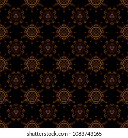 Snowflakes, snowfall in brown and orange colors on a black background. Design. Stock vector illustration falling snow.