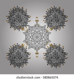 Snowflakes, snowfall, doodles. Falling Christmas stylized snowflakes. Beautiful vector white golden elements isolated on a white background.