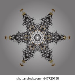 Snowflakes, snowfall, doodles. Falling Christmas stylized snowflakes. Beautiful vector golden elements isolated on a gray background.